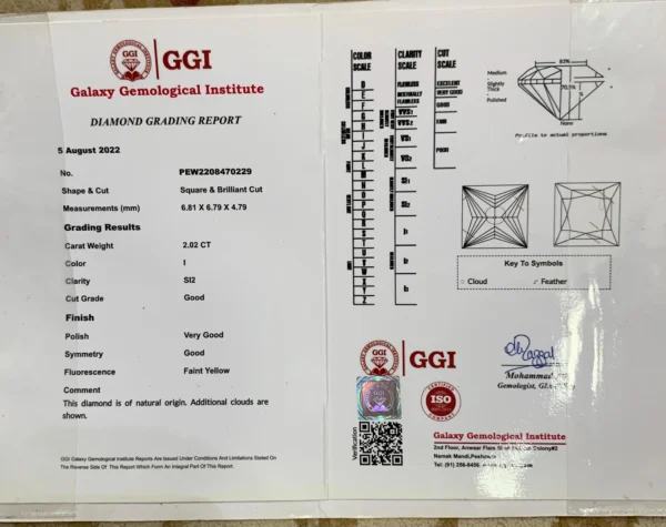 Natural Diamond 2.02 Ct Square Brilliant Cut GGI Certified Elegant Gemstone
